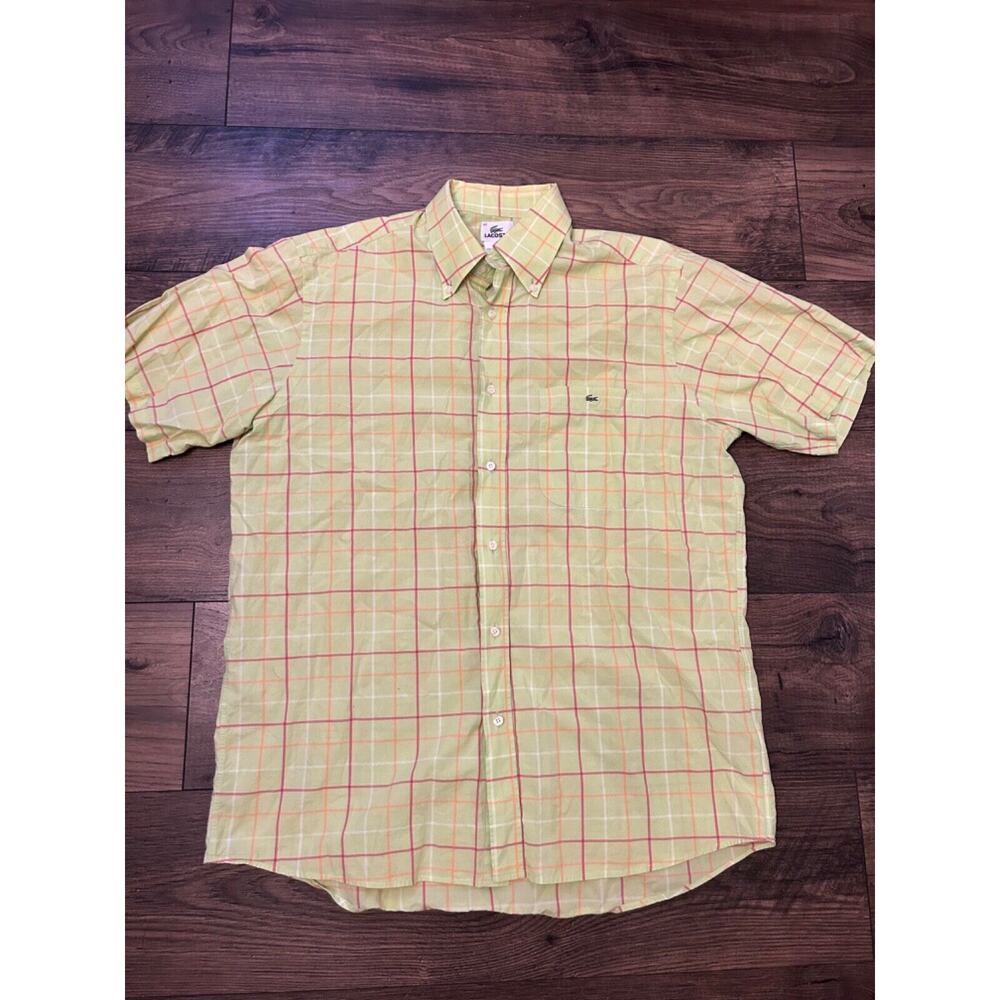 Lacoste Shirt Mens 42 Button Up Short Sleeve Green Plaid Check